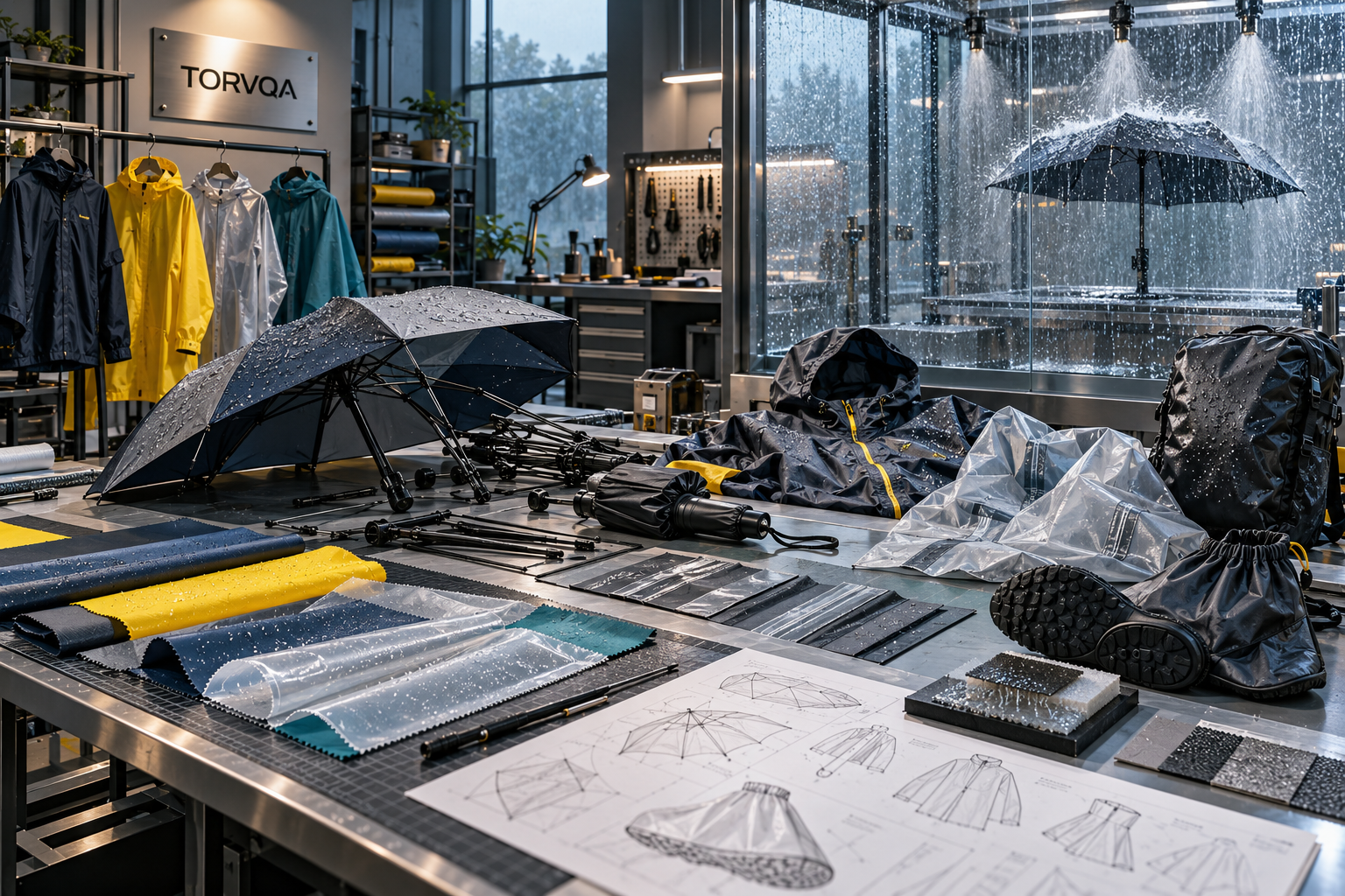 Torvqa rainwear studio with umbrellas, waterproof jackets, shoe covers and material design samples
